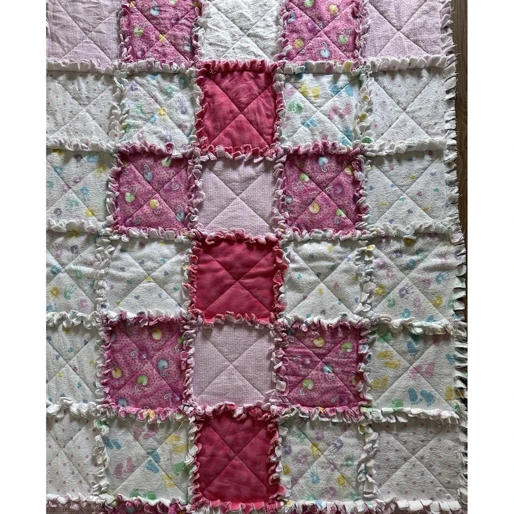 Handmade Baby Rag Quilt Blanket Pink Flannel Patchwork Lovey 35x50